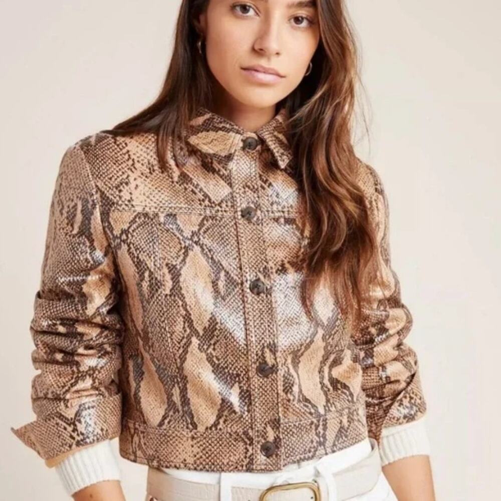 Anthropologie Current Air Python Print Textured Cropped Trucker Jacket - Small